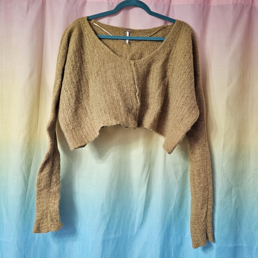 Free People Cropped Popcorn Mustard Yellow Sweater Alpaca / Nylon Blend - Picture 2 of 14
